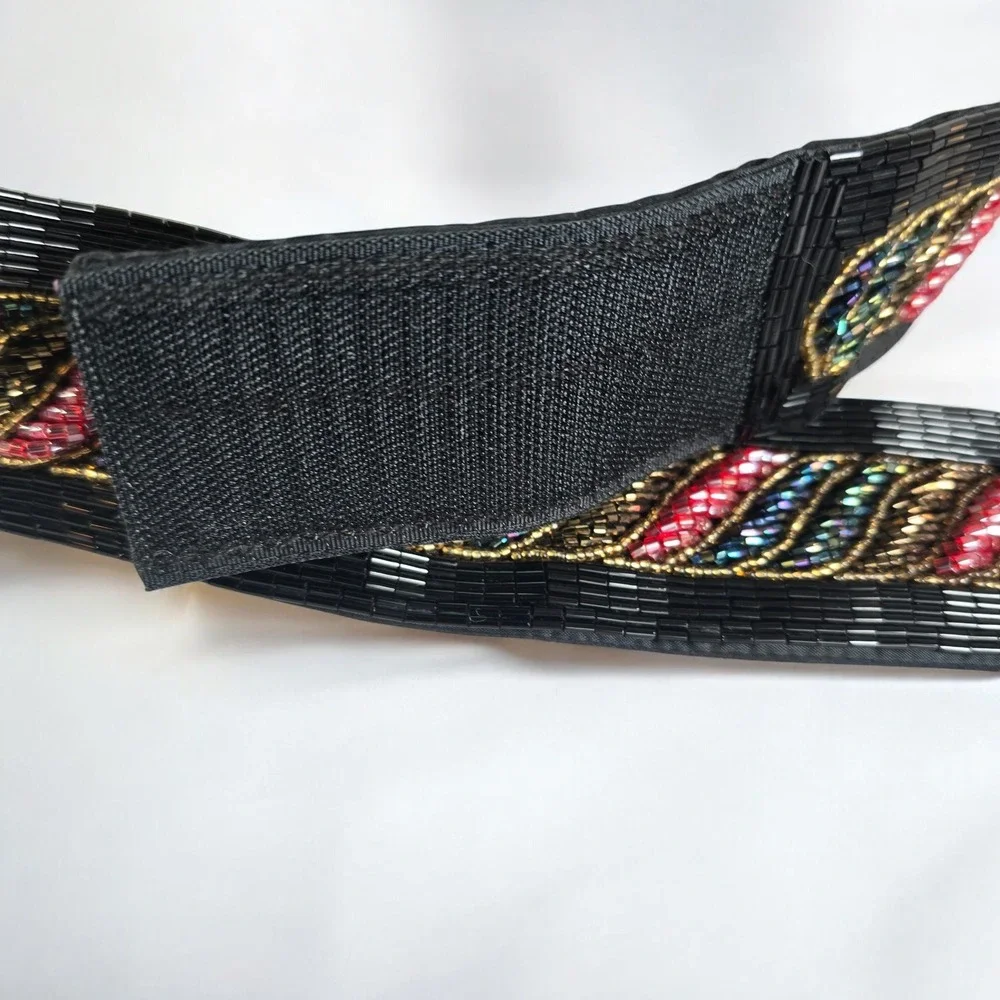 VTG Beaded Black Silk Belt Embellished with Gold‎ Pink Blue Red Geometric Design